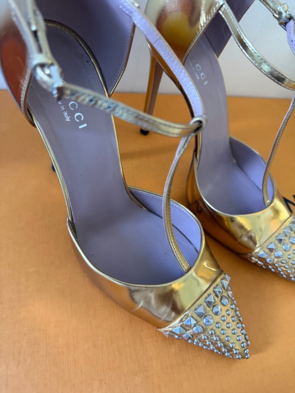 Gucci Metallic Gold Studded Pointed-Toe T‑Strap Stilettos - Picture 16 of 16